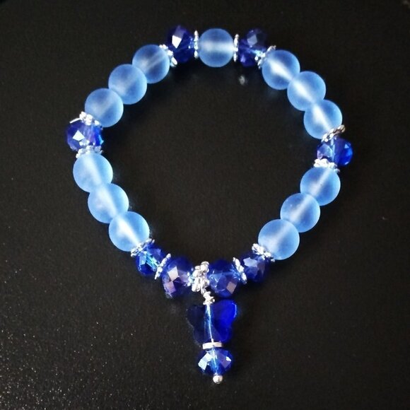 Beaded Blue Butterfly Stretch Bracelet! Dainty Girls + Pre-Teens 5.5-6" Wrists - Picture 2 of 5